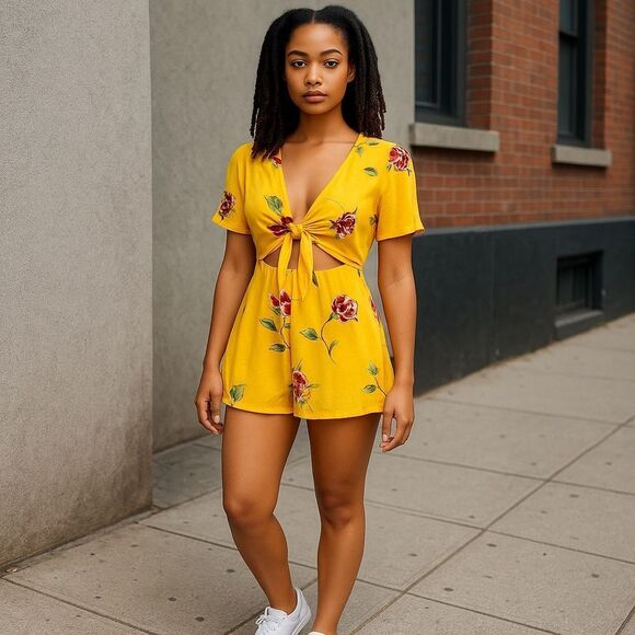 Socialite Yellow Floral Tie Front Bodice Romper Size Small - Picture 1 of 14
